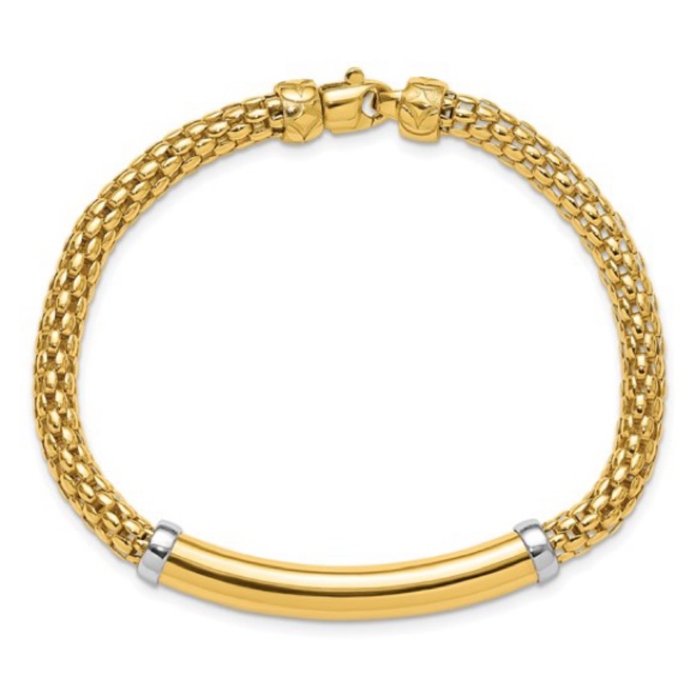 14K Two-tone Polished Popcorn Mesh Bar 7.5 inch Bracelet - Picture 7 of 10